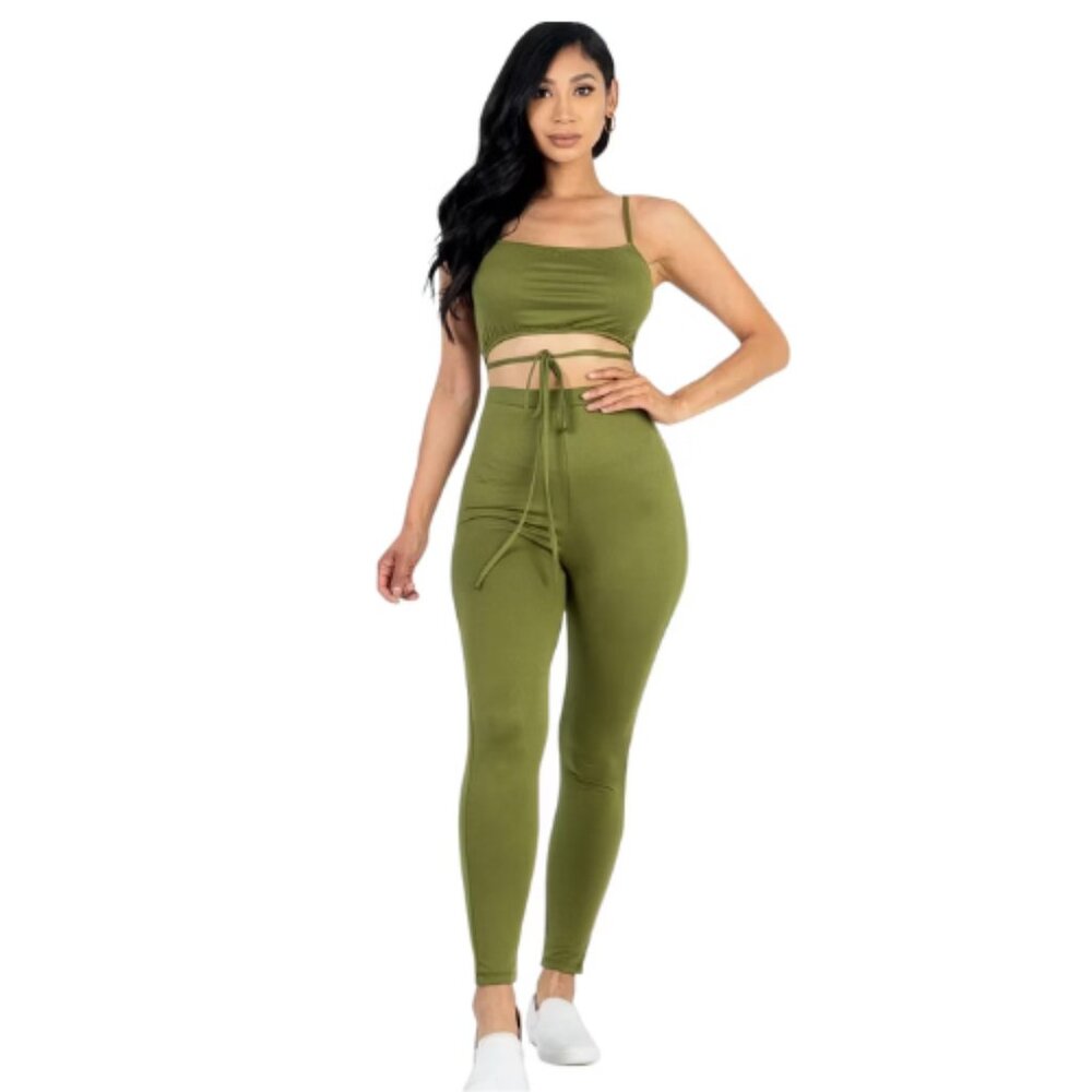 Women's Tie Front Cut Out Jumpsuit in Stretch Jersey - Olive Green